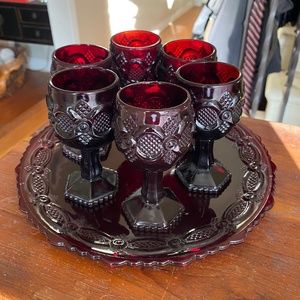 Vintage Avon 1876 Cape Cod Ruby Red Glass Wine Goblets, Platter and Decanter